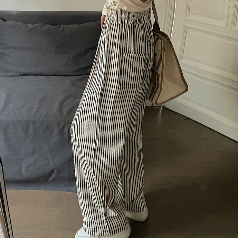 

Полосатые брюки для женщин со свободной эластичной резинкой на талии, универсальные студенческие брюки в корейском стиле, простые весенне-летние новые карманы, прямые девушки