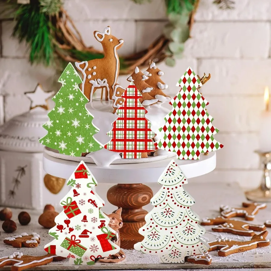 5 Pcs Christmas Table Decoration Wooden Xmas Tree Tiered Tray Decor Centerpiece Gift Box Indoor Christmas Tree for Shelf Mante