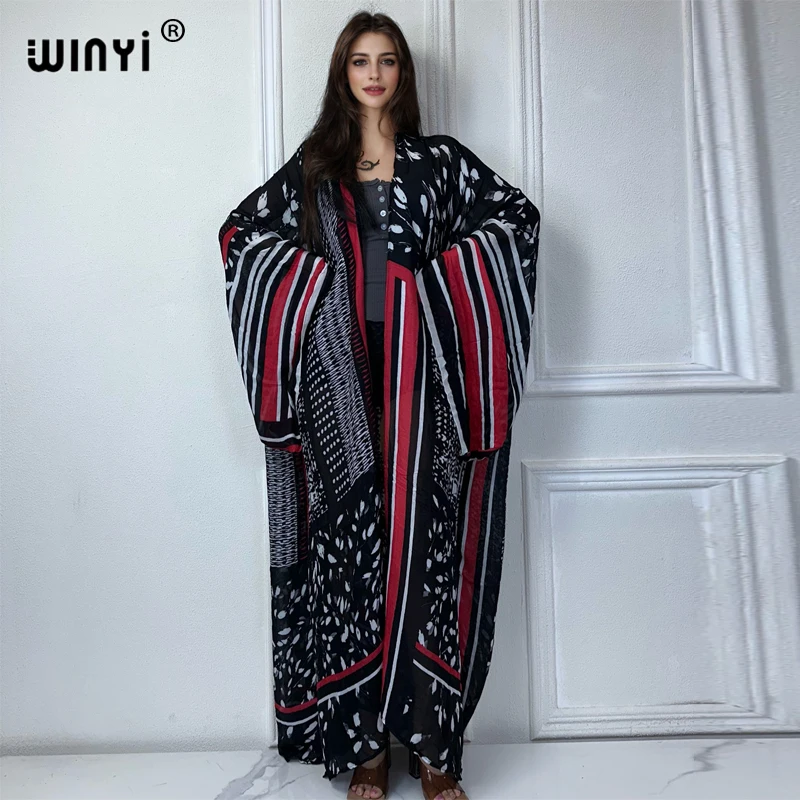 WINYI summer kimono beach wear donna 2024 dress beach cover up Cardigan boho print coat abaya dubai luxury muslim kaftan