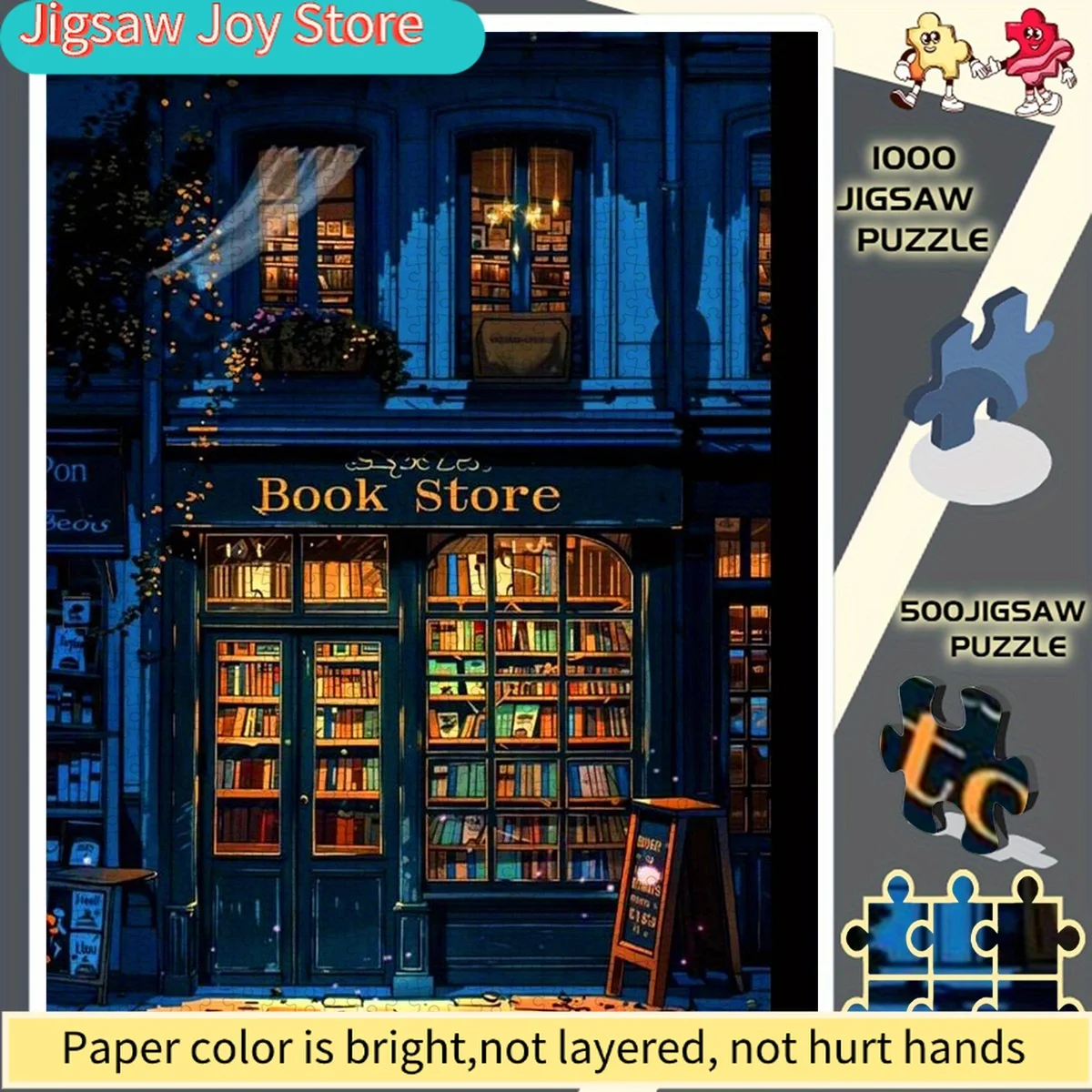 

Набор из 500/1000 элементов: Ночная книжная лавка, полная яркого и теплого освещения – идеальный выбор для любителей безрамных пазлов. Бумажный пазл - Educati