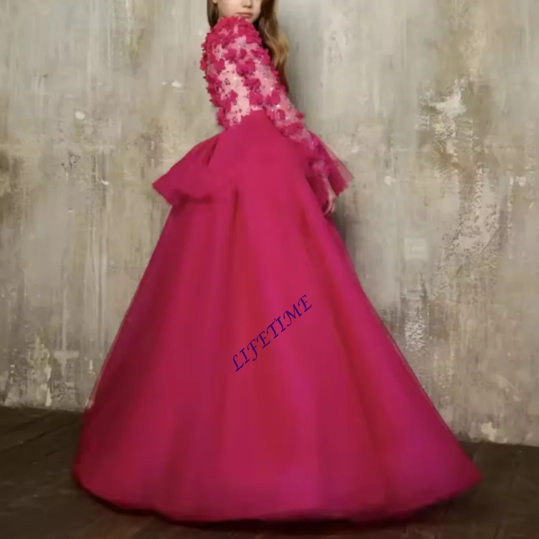 

Red Flower Girl Dresses For Wedding Full Sleeves Floral Sequins Gorgeous Kids Quinceanera Bridesmaid Banquet Gown Customized