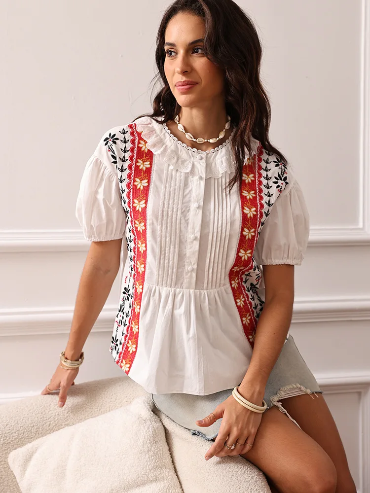 قميص صيفي فرنسي بأكمام قصيرة على الموضة لعام 2025 بلوفر مطرز ثقيل من الدانتيل برقبة دائرية ومزاج فضفاض للنساء #4