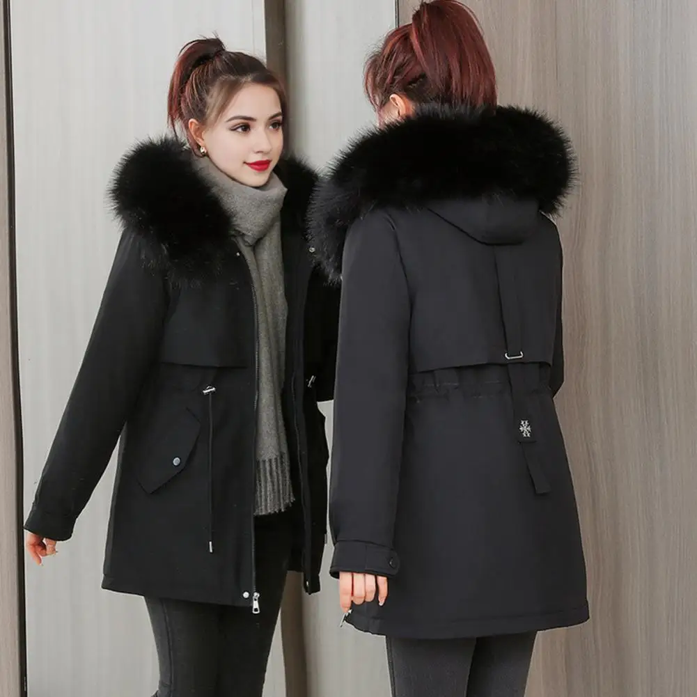 

Women Warm Jacket Women Solid Color Outerwear Warm Winter Down Coat with Plush Hood Windproof Pockets for Outwear for Extra