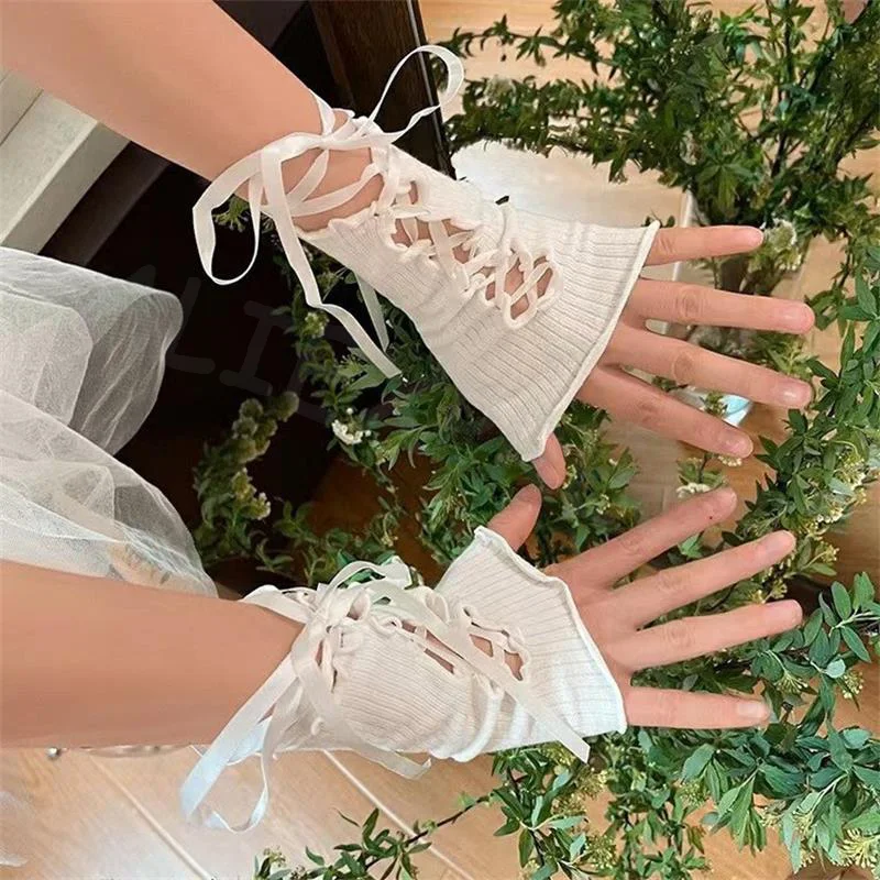 Hot Sexy Arm Sleeves  Women Strapping Lace Fingerless DIY Lace-up Sunscreen Gloves Elastic Mesh Punk Gloves Clothing Accessories