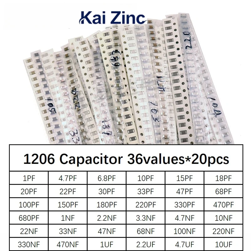 

Набор конденсаторов SMD 1206, 36 значений * 20 шт. = 720 шт. 1 пФ ~ 10 мкФ, комплект образцов, электронный набор «сделай сам»