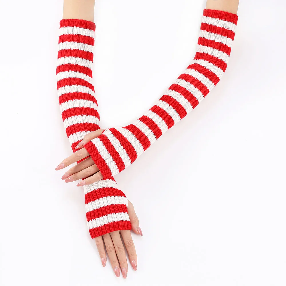 Y2K Fashion Women Girls Striped Elbow Gloves Solid Goth Punk Knitted Arm Warmers Long Half Finger Arm Sleeves Elastic Gloves