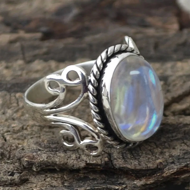 Huitan Boho Style Women Rings with Oval Imitation Opal Stone Hollow Out Band Ethnic Female Accessory Unique Jewelry for Vocation