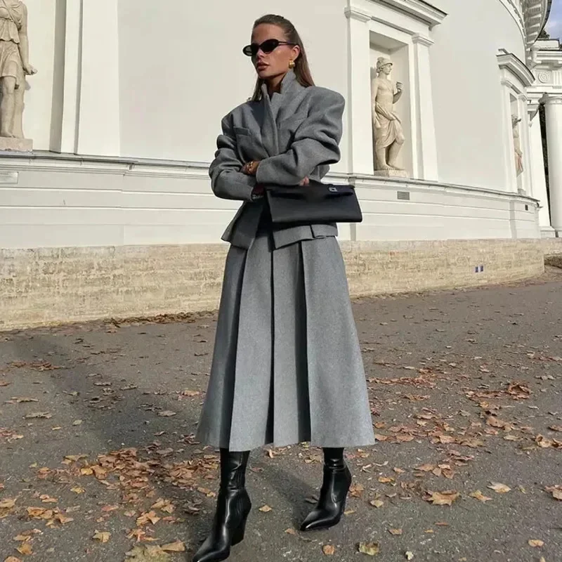 Fashion Solid Pleated Skirt Suit Women Elegant Stand Collar Full Sleeve Coat Loose Pleated Long Skirts Set 2024 Fall Lady Outfit