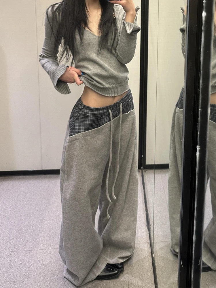 High Waist Plaid Patchwork Casual Pants Women's Design Loose Slimming Lazy Wide Leg Sporty Trousers Drawstring Relax Fit