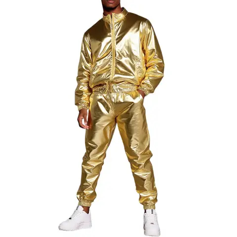 Men's Sets 2 Pieces Sale Gold Silver Zip Slim Basic Jacket Coats& High Waist Slim Fitness Dance Performance Pant Suits