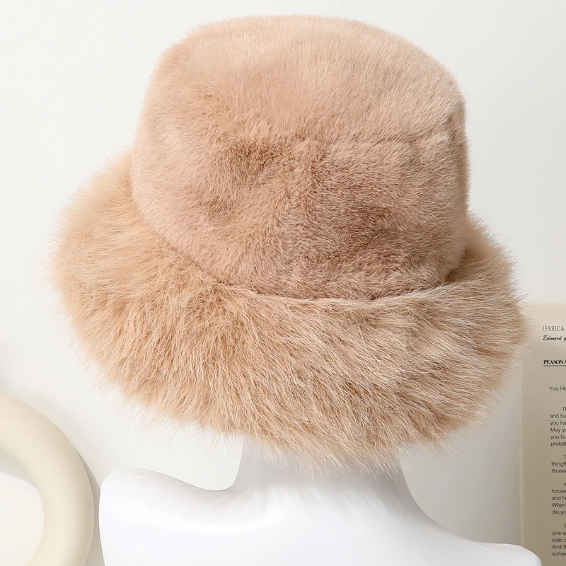 Große Faux Pelz Eimer Hut für Frauen Dicke Plüsch Warme Schöne Flauschigen Winter Hut Dame Luxus Mode Pelzigen Panama Fischer Kappe – Detail 19