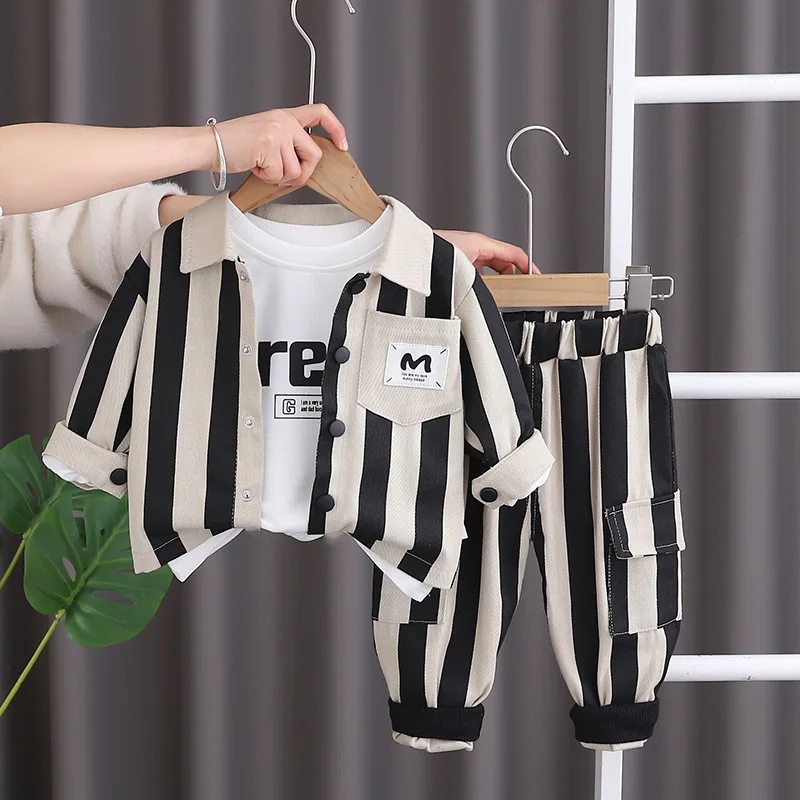 Baby Boy Luxury Clothes Set 2024 Spring Korean Fashion Vertical Striped Shirts + White T-shirts + Pants Kids Girls and Boys Suit