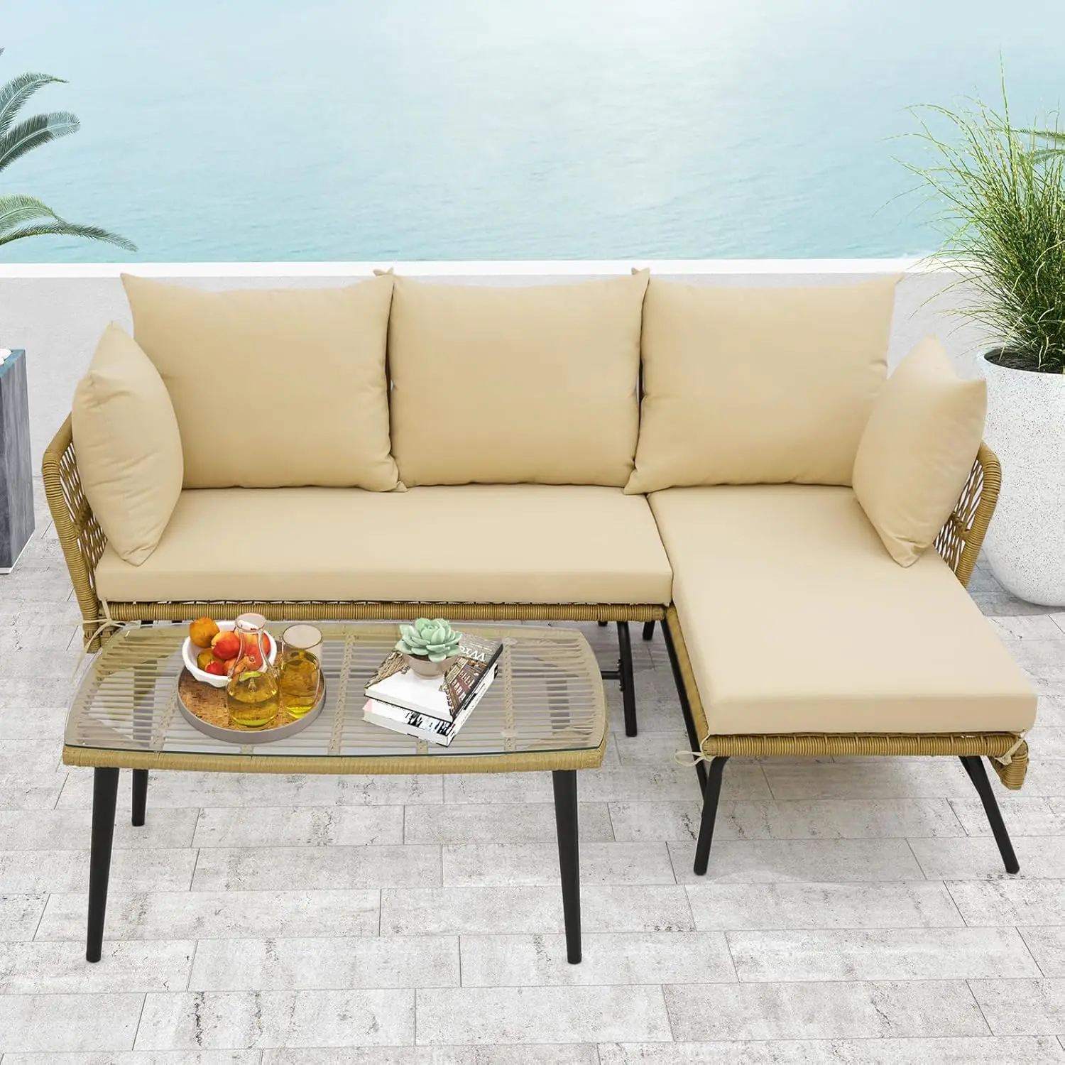 

Комплект садовой мебели из 3 предметов, L-образный уличный диван для отдыха с подушками и столом из закаленного стекла, в стиле бохо, разборный