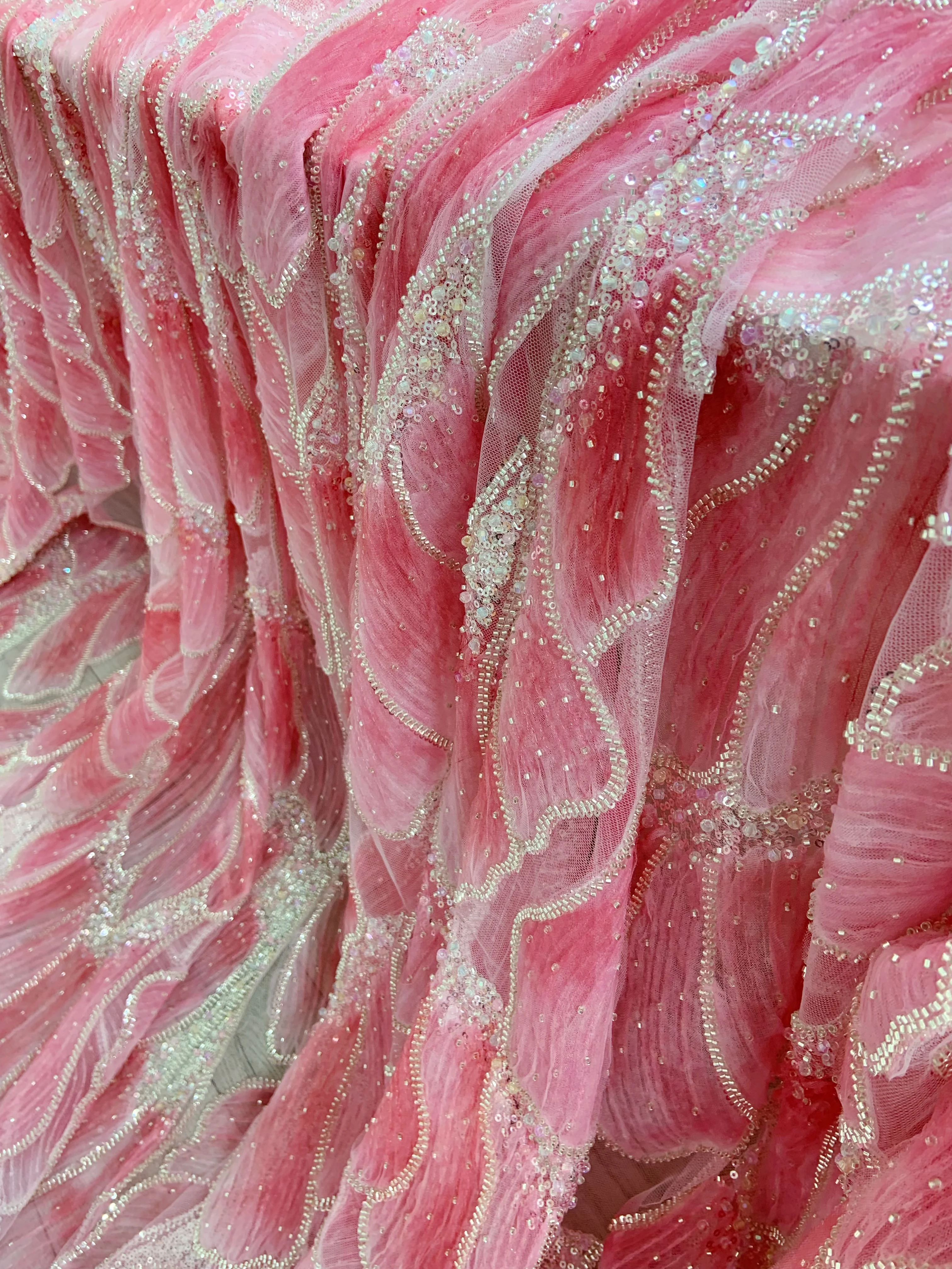 

1 Yard Pink 3D Floral Embroidery Fabric With Sequins And Beadwork For Bridal Dress Lace Tulle Dress Wedding Dress Fabric