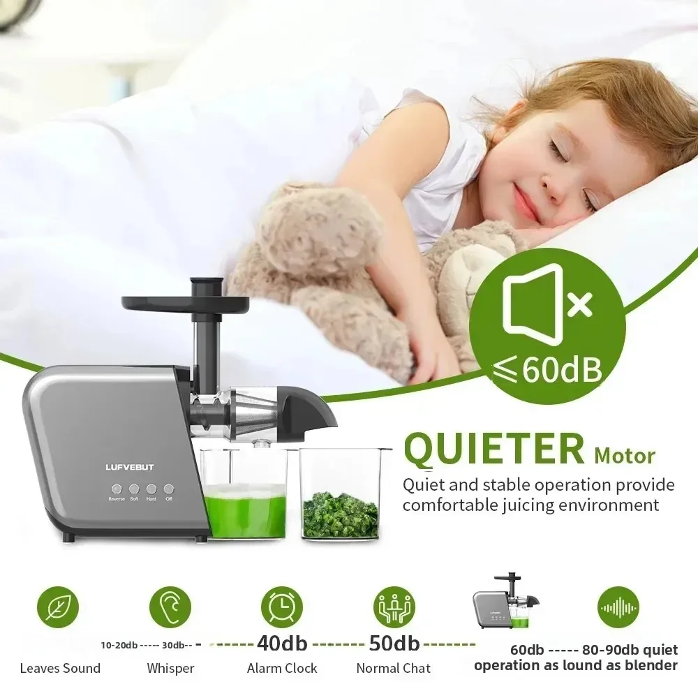 250W Slow Cold Press Fruit Juice Extractor, Anti-jam Reverse, Easy Clean, BPA-Free Quiet Household Vegetable Juicer
