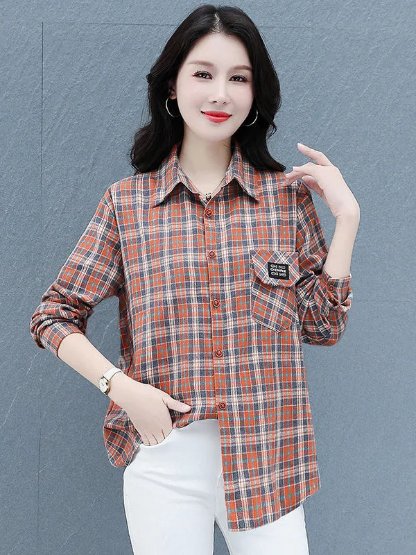 Primavera verão xadrez algodão irt turn-down colarinho casaco para mulheres de meia idade respirável confortável solto ajuste longo sve