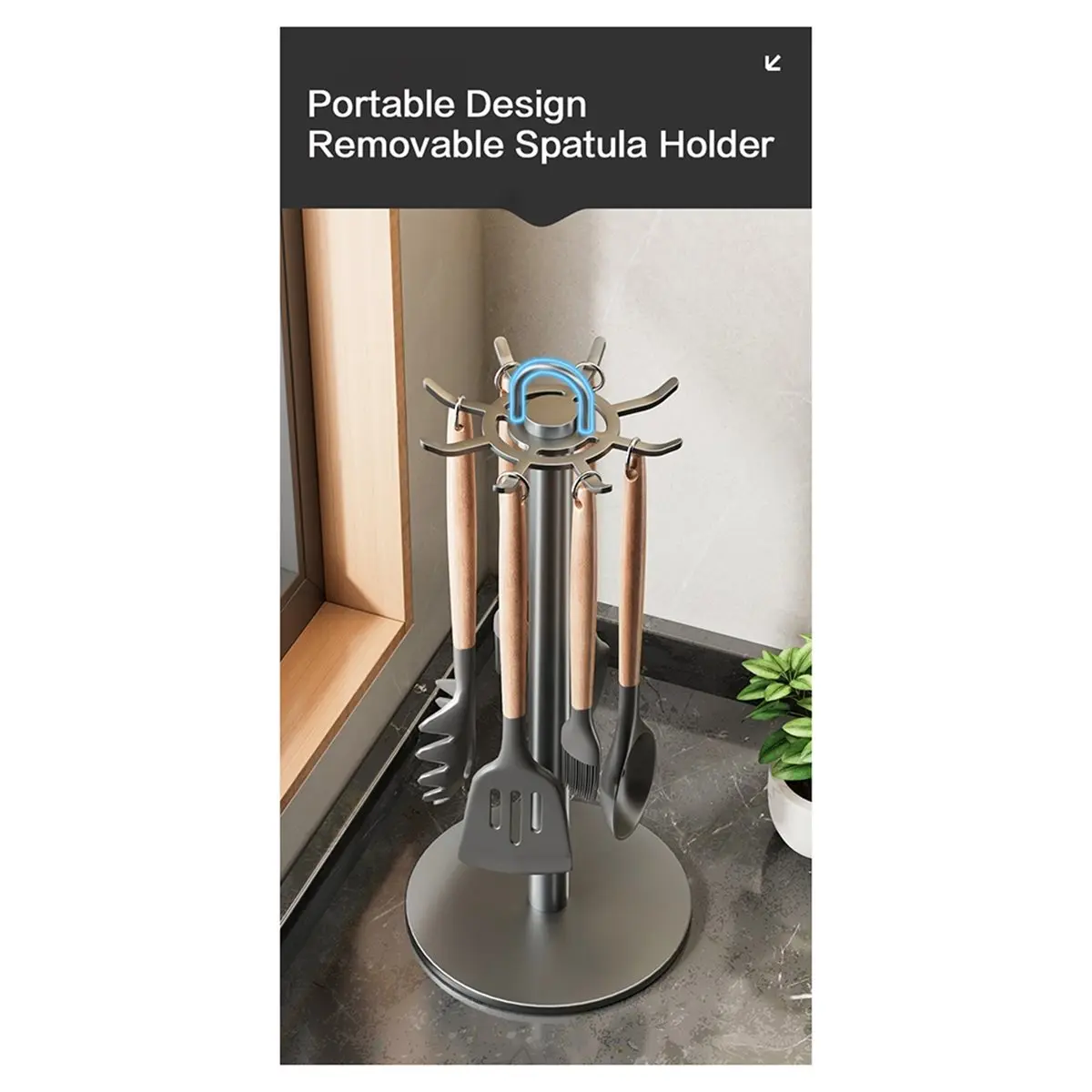 A10R Kitchen Utensil Stand Rotating Storage Hanger with 8 Hooks,for Countertop Organization Rotatable Cooking Utensils White