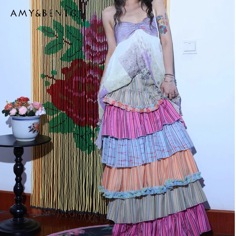 

Retro Colorful Striped Splicing Lace Women's Skirt 2025 Summer New Sweet Cool Thin Fashion Level Fluffy Cake Long Skirts Ladies
