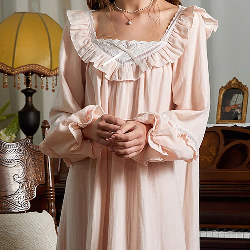 Retro Court Style 100% Cotton Gauze Sleepwear Spring Autumn Lotus Leaf Edge Hollowed Out Lace Bubble Sleeves Long Nightgown