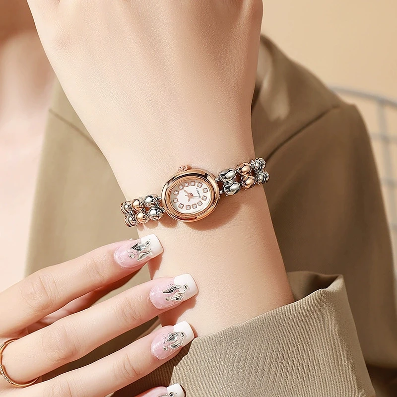 Novo design, mostrador oval de diamante estiloso, design elegante, pulseira, pulseira de aço, relógio de quartzo