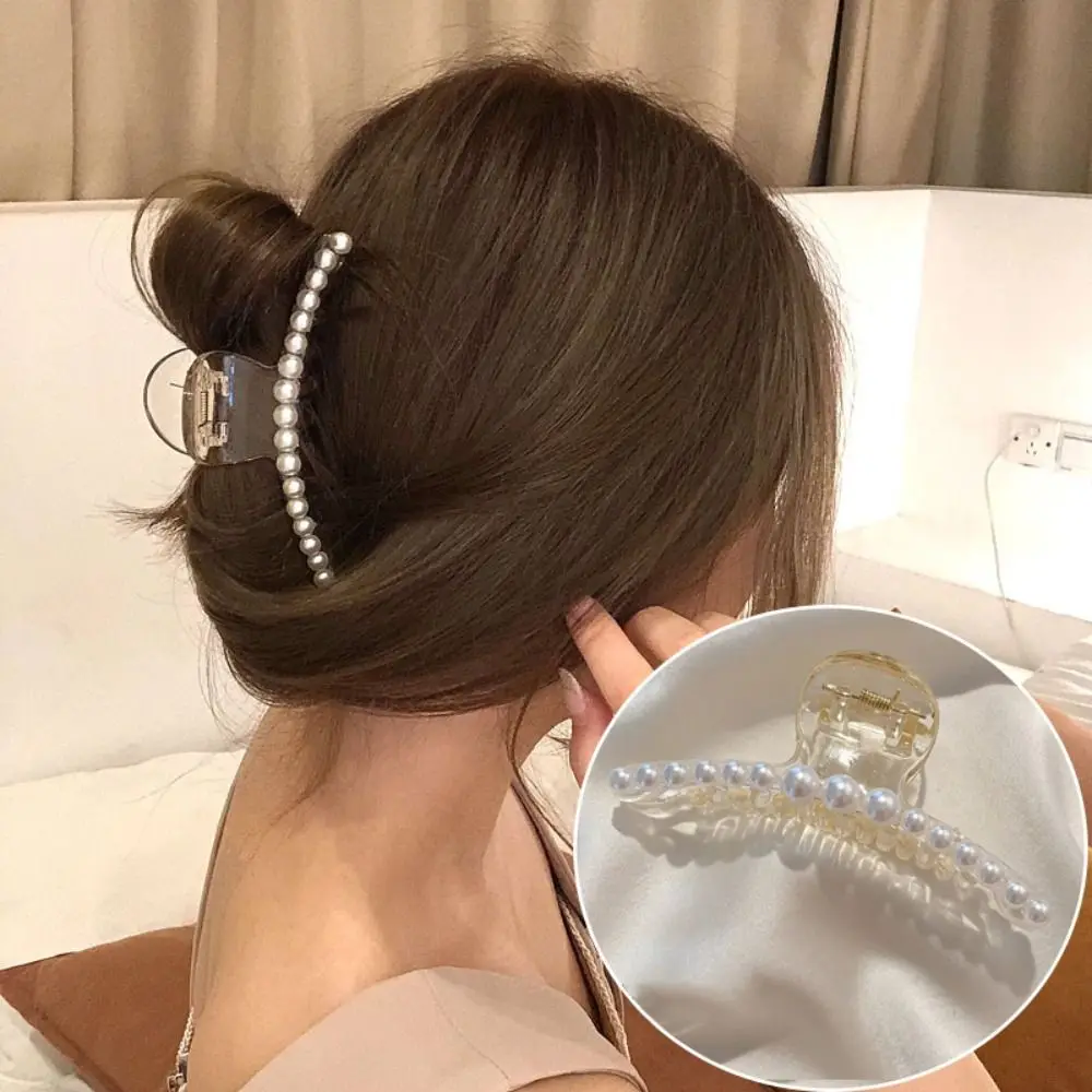 Elegant Pearl Decor Pearl Hair Claw Curved Jaw Spring Hinge Hairpin Big Size Glossy Finish Shark Clip Women Girls