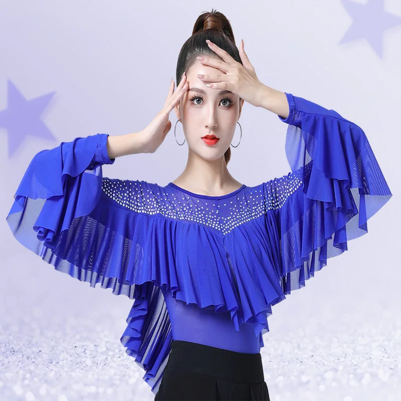 Top de baile latino de salón con volantes para mujer, ropa de baile Sexy con tachuelas de diamantes de imitación, actuación de entrenamiento de