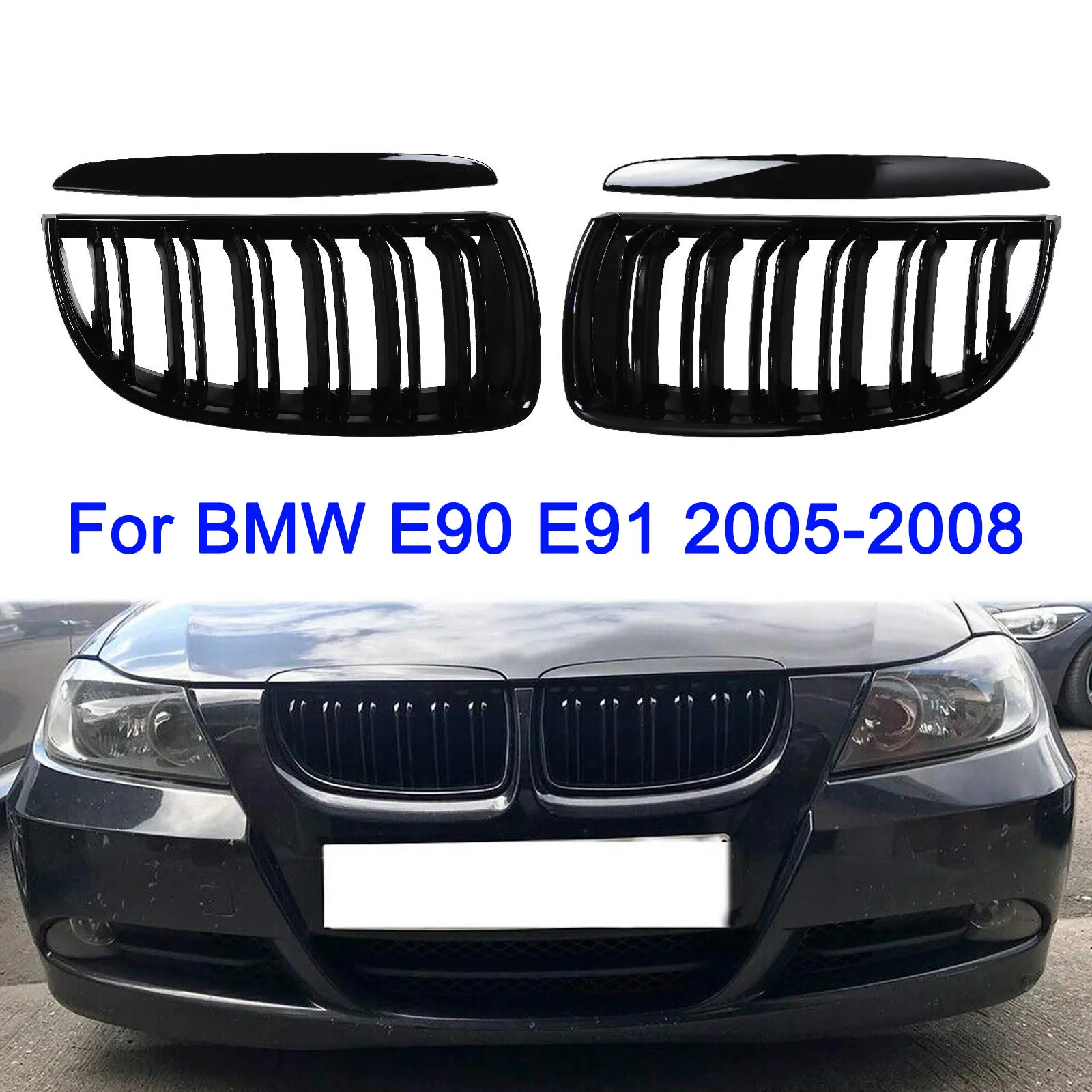 E90 Grill Front Kidney Grille For BMW 3 Series 2005-2008 E90 E91 Double Slats Gloss Black Grills