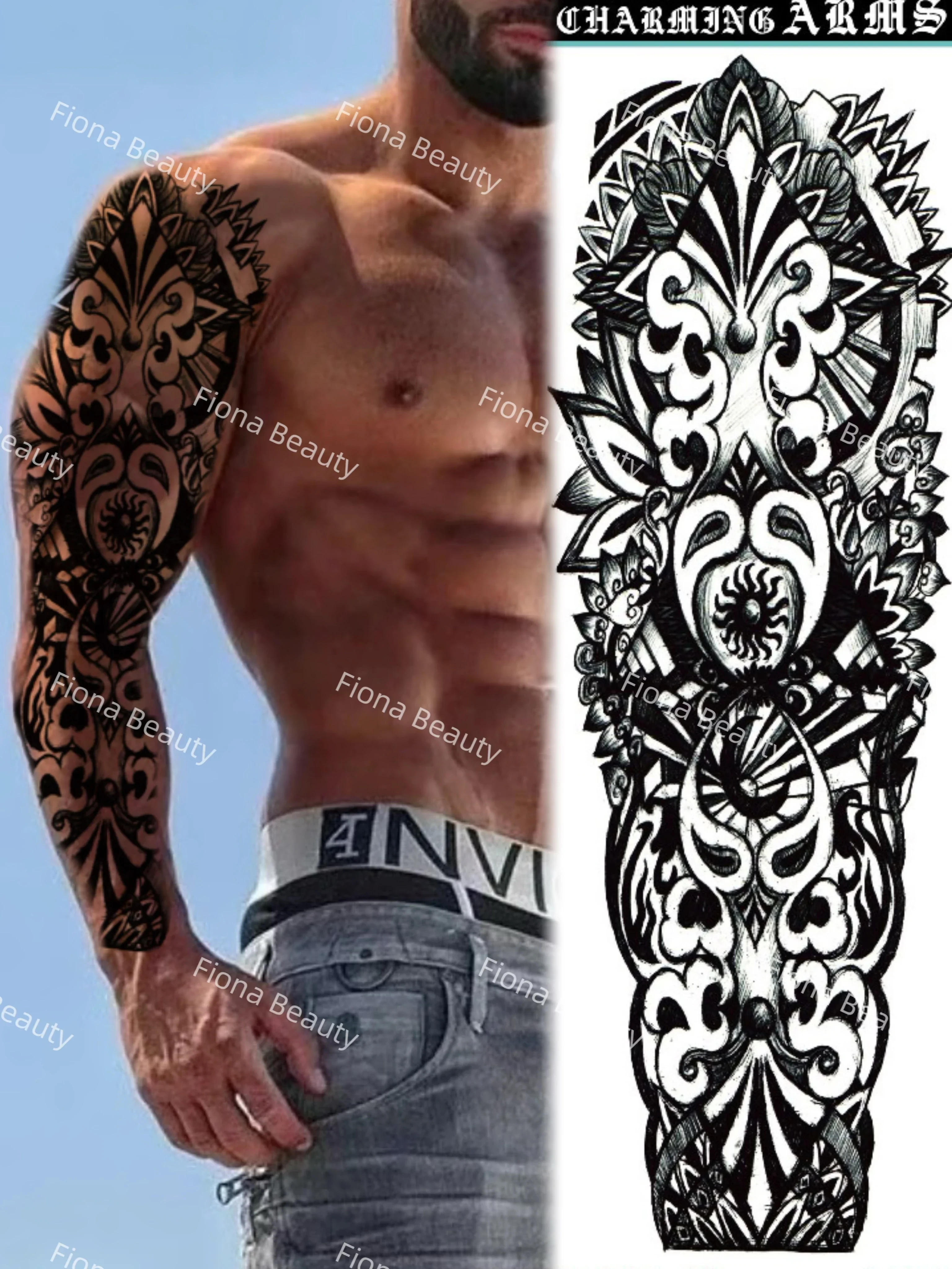 Tatuaje de manga de brazo grande para hombres, pegatina de tatuaje temporal impermeable, búho, dragón, Dios, tótem de calavera completa, tatuaje falso