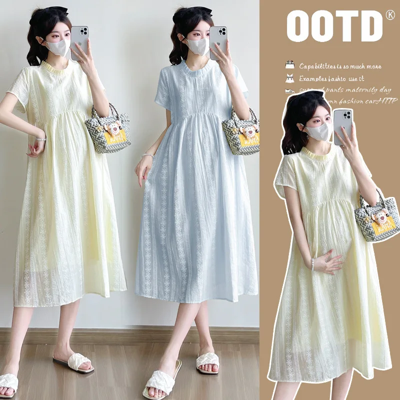 

2025 French Maternity Dress Floral Jacquard Chiffon Maxi for Petite Pregnant Women Short Sleeve Pregnancy Formal Wear