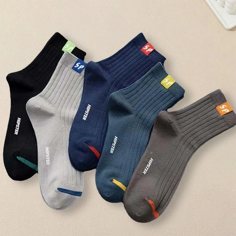 5 Pairs Fashionable Versatile Men Mid Length Socks With Trendy Letters Comfortable Soft Lightweight Breathable Casual Socks