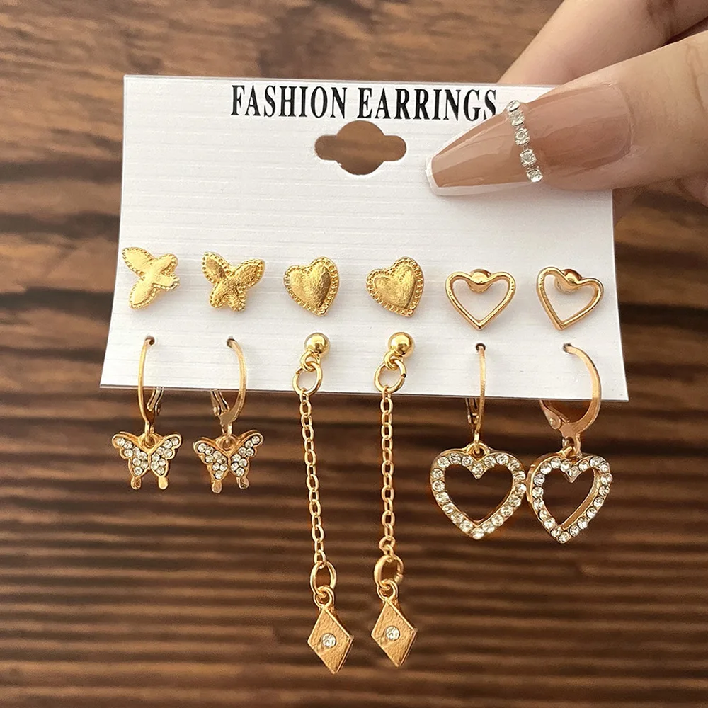 Retro Peach Heart Diamond Earring Set With 6 Pairs Women  Creative Full Zircon Butterfly Hollow Heart Pendant Earrings Jewelry