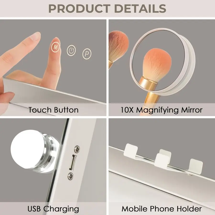 Mirror with Lights, Hollywood Lighted Makeup Mirror with 12 Dimmable LED Bulbs for Dressing Room amp Bedroom, 3 Light ModesSlim