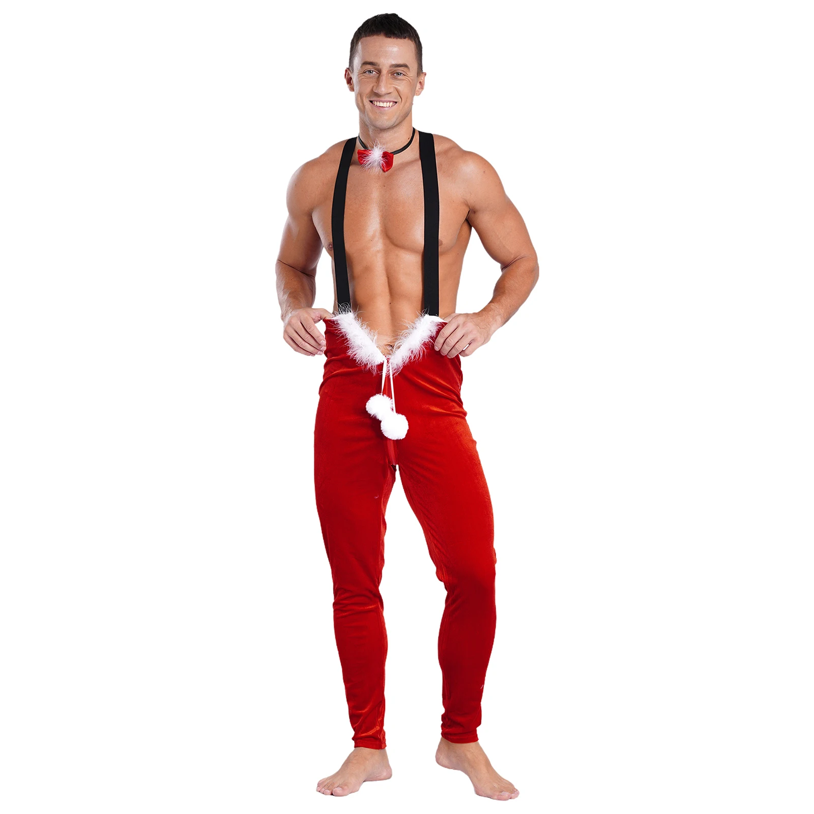 Mens Christmas Costume Plush Ball Velvet Jumpsuit Overalls Santa Claus Cosplay Outfit Suspender Bodysuit with a Bowknot Neckband