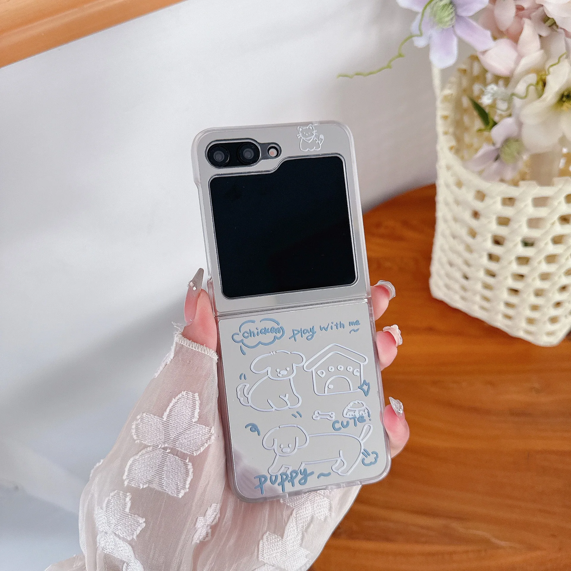 

Dog Cat Mirror Surface Phone Case For Samsung Galaxy Z Flip 7 6 5 4 Protective Back Cover For ZFlip5 ZFlip6 ZFlip7 Case Shell
