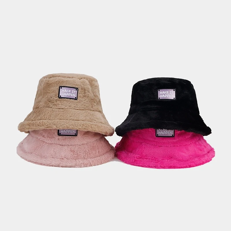 Fuzzy Plush Bucket Hat with MAKE IT HAPPEN Label Warm Winter Fisherman Cap