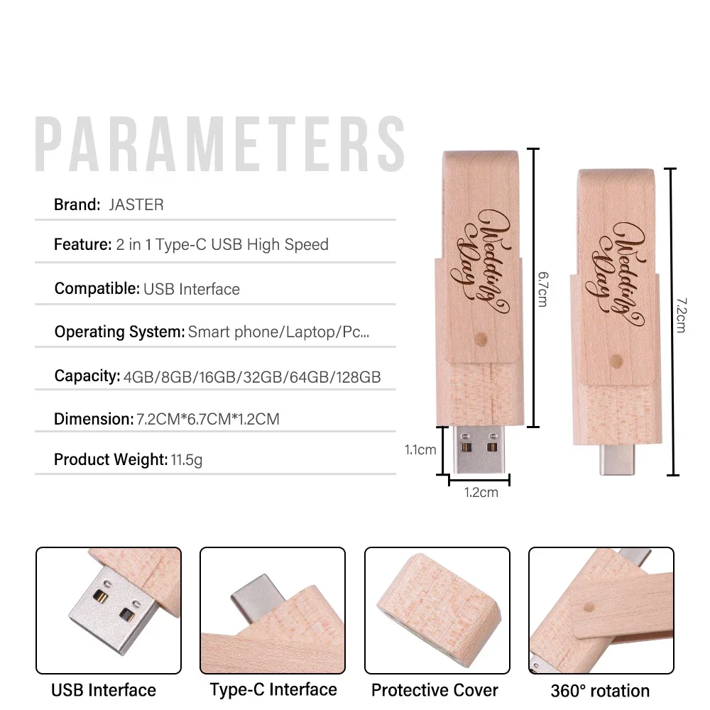 Jaster-回転式木製USBフラッシュドライブ,TYPE-C,2 in 1,カスタムロゴ付きフラッシュドライブ,クリエイティブギフト,128GB, 64GB, 32GB