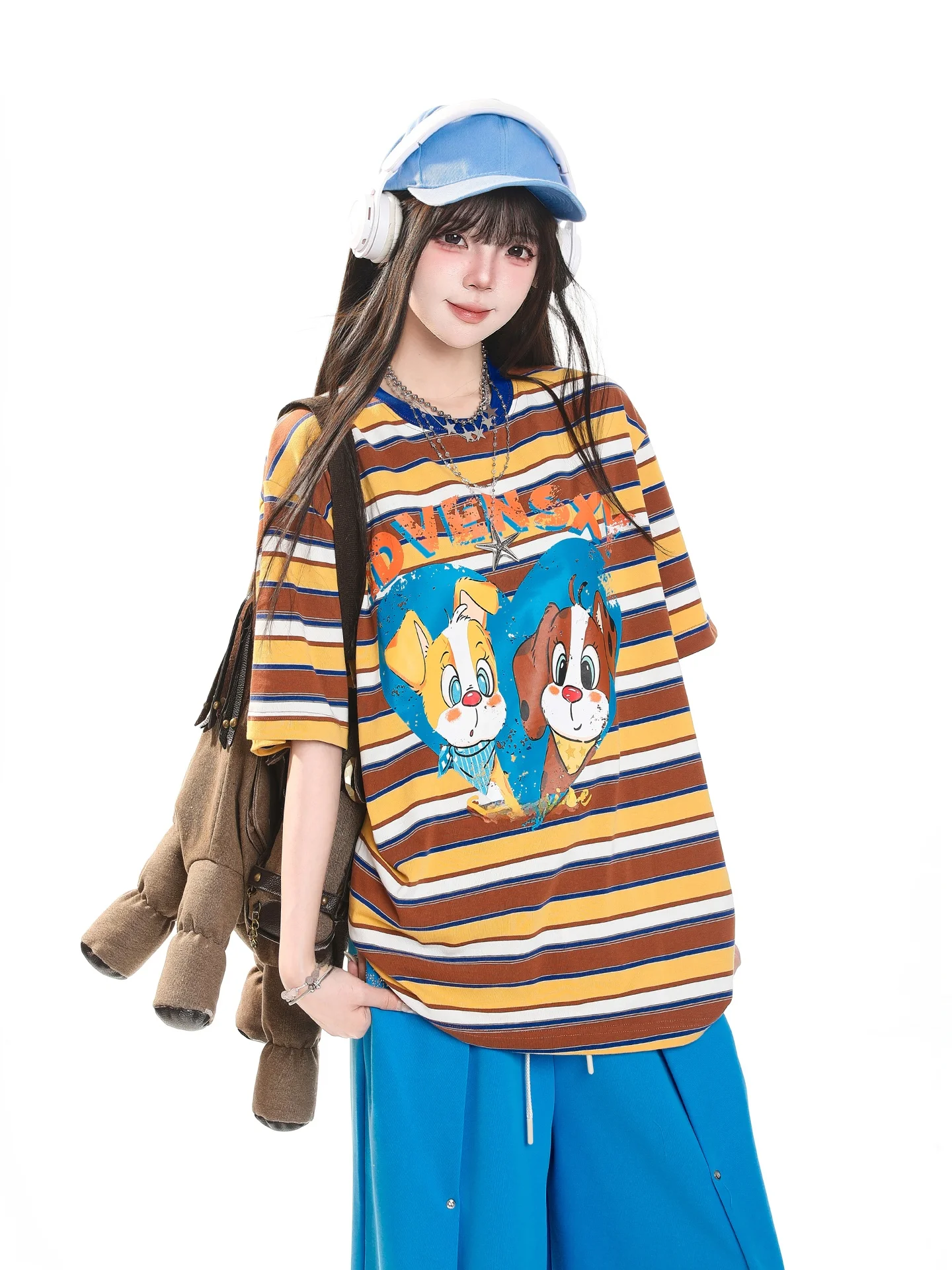 

Женская летняя футболка в стиле ретро с американским мультяшным принтом, в полоску, с коротким рукавом, повседневная, свободного кроя, универсальная, в стиле BF, с эффектом омоложения