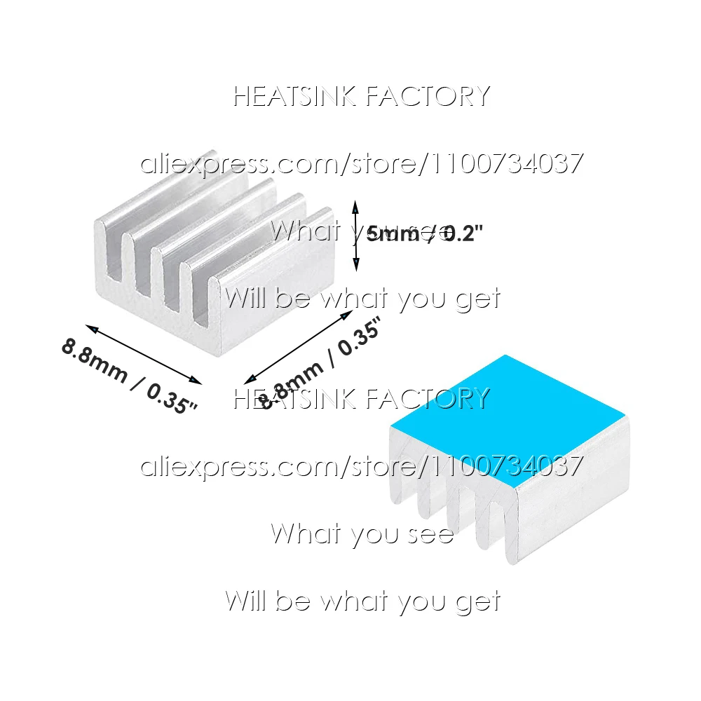 Dissipador de calor fábrica 50 peças de alumínio 8.8x8.8x5mm chip radiador cooler com fita adesiva dupla face térmica para ic, impressora 3d a4988