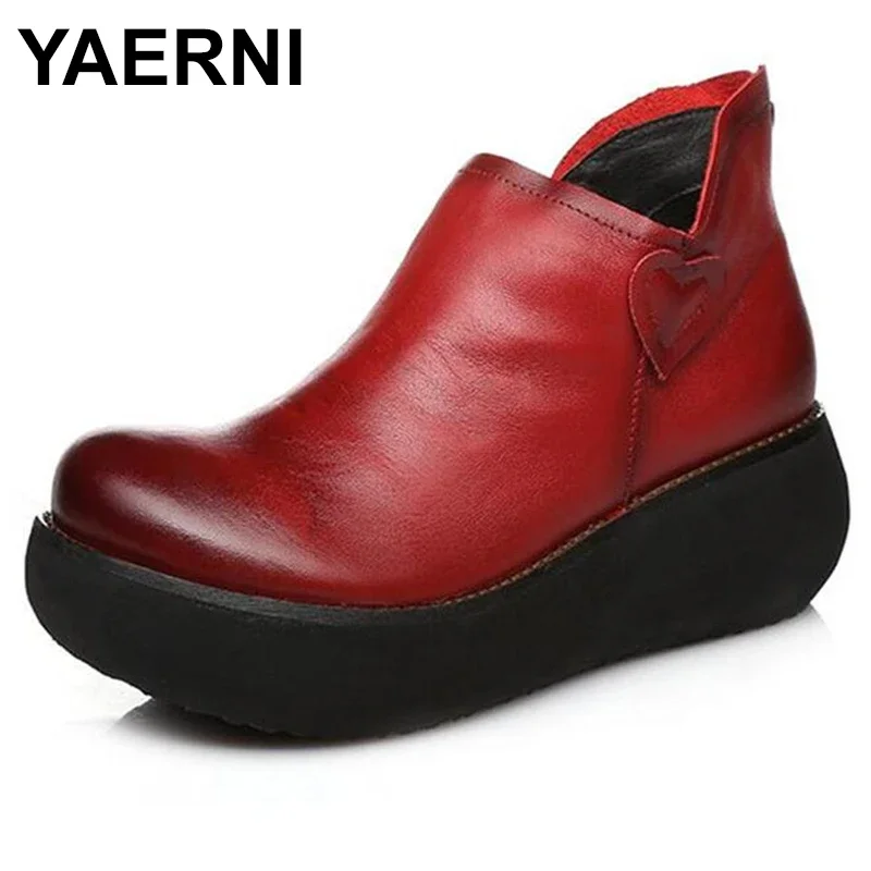 

YAERNI, элегантная удобная обувь из натуральной кожи, повседневные туфли на высоком каблуке, новейшие осенне-зимние ботильоны, обувь на танкетке, женская мода E543
