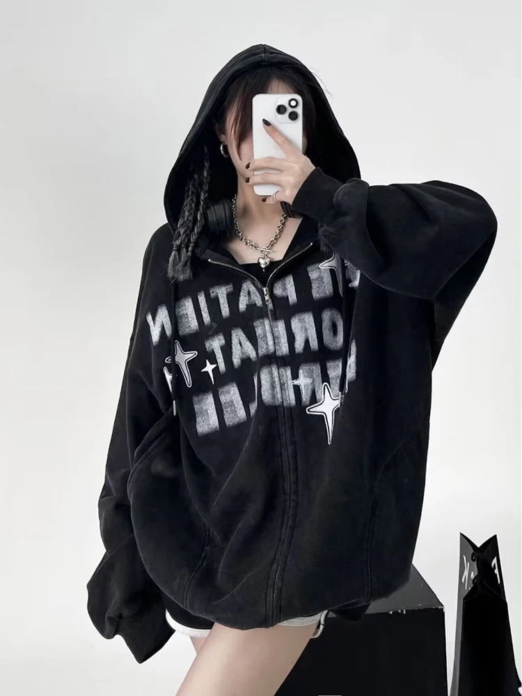 Hooded zip-up letter Print Women\'s Hoodie Y2k clothing High Street sweatshirts for men Round Neck Hoodies Vintage Dark Coat