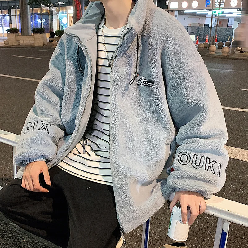 Lamb wool jacket men's winter cotton  thickened warm student clothing trend loose fitting large size lamb  sweater