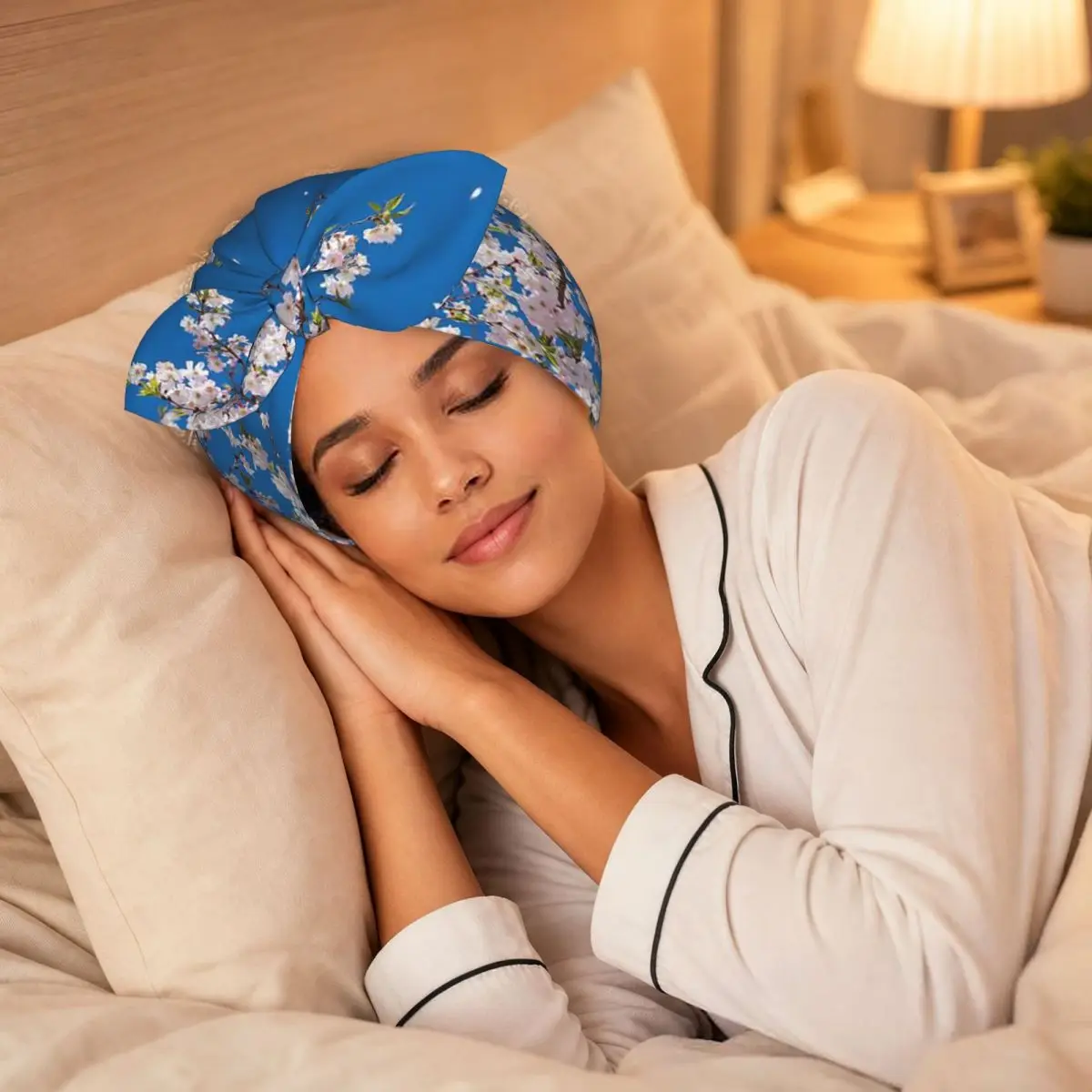 Pink Plum Blossom Floral Scenery Sleep Bonnet Double Layer with Adjustable Bow, Reversible Hair Cap for Curly Braids Hair