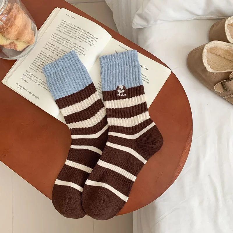4 Pairs Fall Winter Unisex Cartoon Japanese-Style Embroidered Dog Striped Mid-Calf Socks Fashion Cotton Ankle Socks High Quality