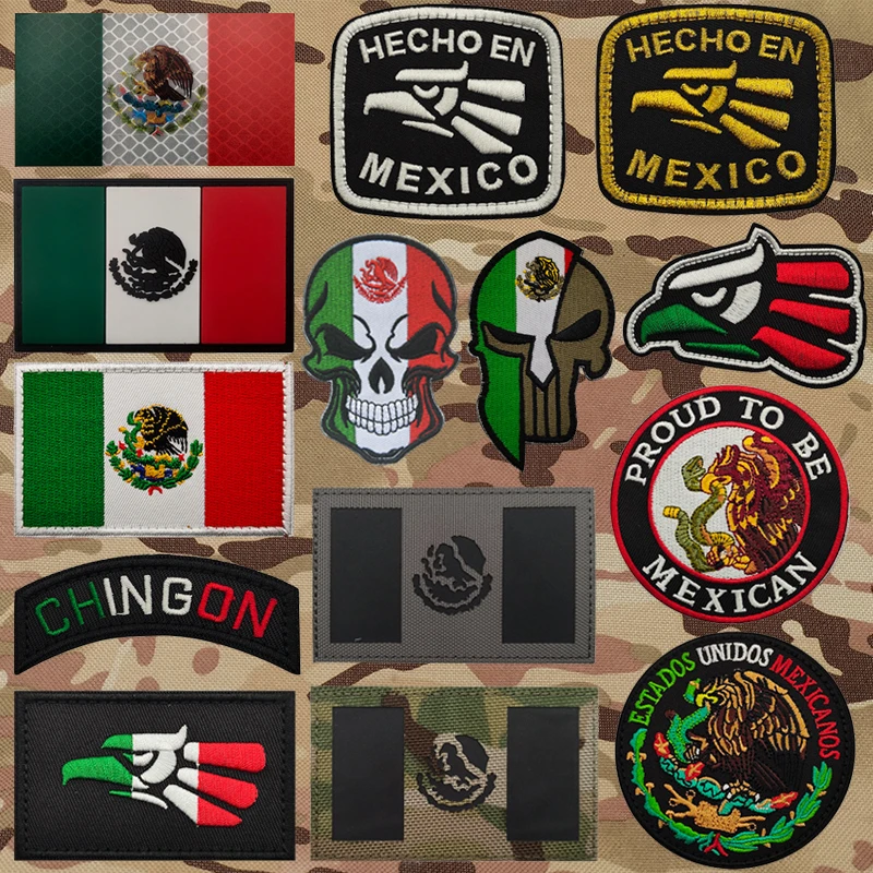 Mexico Flag Skull Embroidered Patch IR Reflective Mexican Tactical Army Hook National Eagle Applique