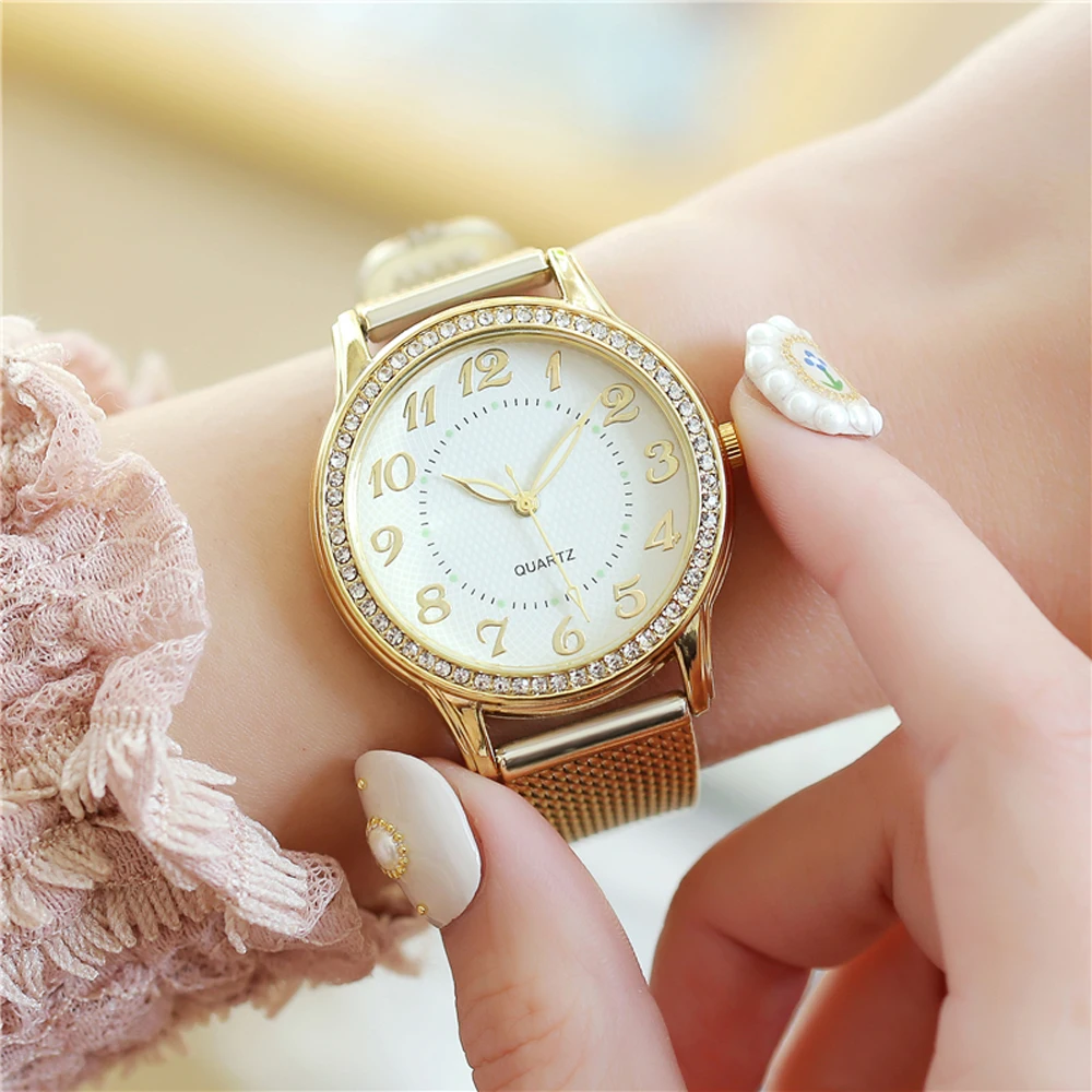 Women Watches Luxury Mesh Band Bracelet Rose Gold   Inlaid Crystal Fashion   New