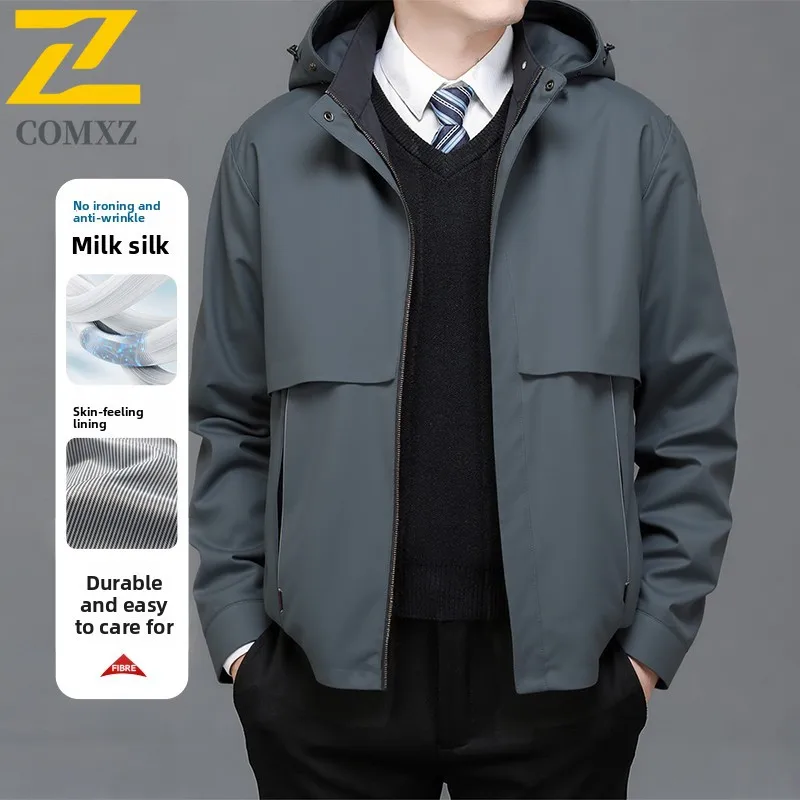

2025 Men's Hooded Jacket Long Coat Waterproof Full Zip Multiple Pockets Detachable Cap Windbreaker Men High Fashion Work Jackets