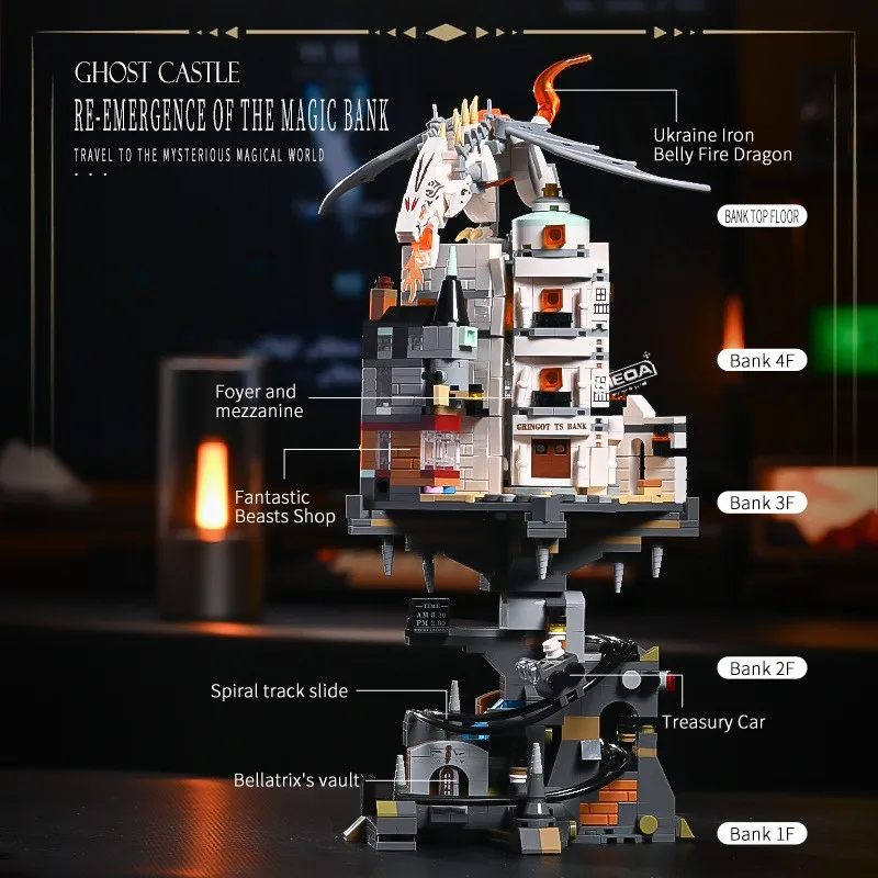 1056pcs 미니 매직 월드 드래곤 빌딩 벽돌 모델 DIY Gringotts 마법사 은행 자기 조립 블록 홈 데코 크리 에이 티브 장난감