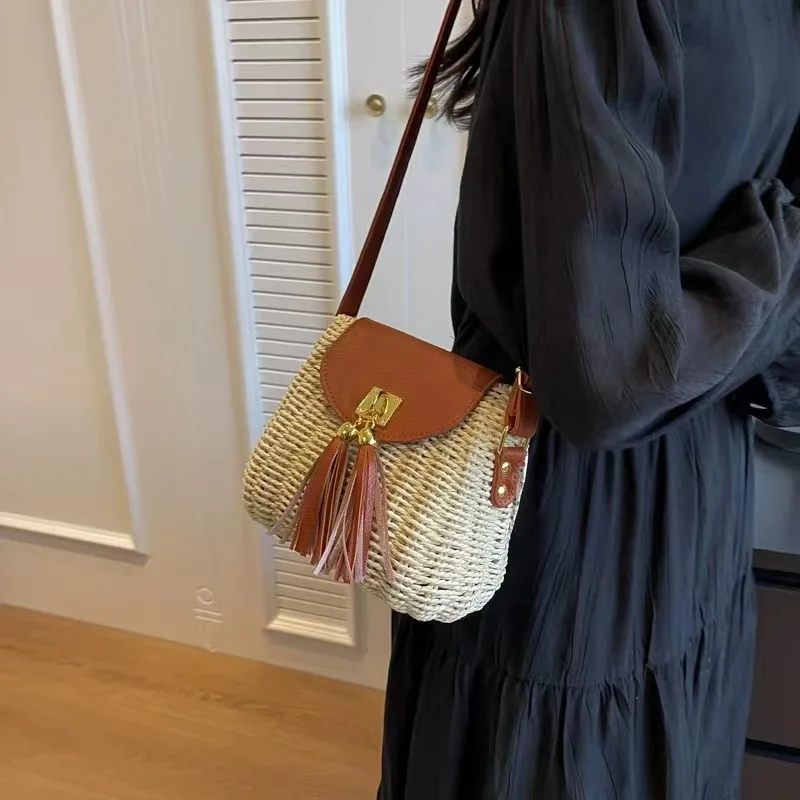 Women's Summer Straw Bag Paper Rope Cross-body bag Tassel Bell Bag Beach Messenger Bag