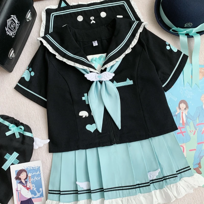 Abito da marinaio autentico giapponese e coreano Abito da gioco di ruolo con ricamo a fiocco estivo a maniche corte in stile college carino