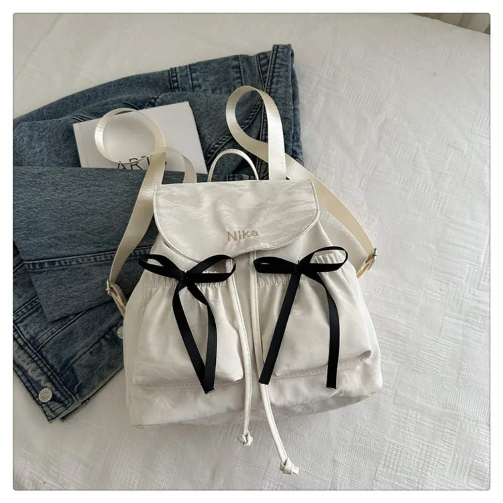 

Fashion Cute Knot Women's Backpack Drawstring Solid Color Students Bookbag Large Capacity Travel Bag Travel